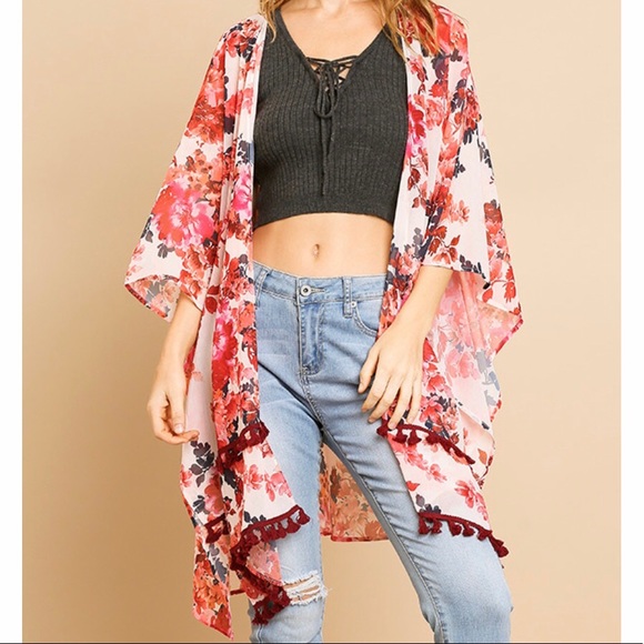 Floral Print Kimono with Tassel Trim - Picture 3 of 5